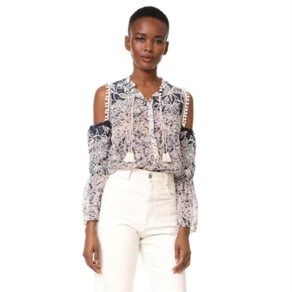 Kobi Halperin Liara Cold Shoulder Boho Pom Pom Blouse White Blue Lilac Small